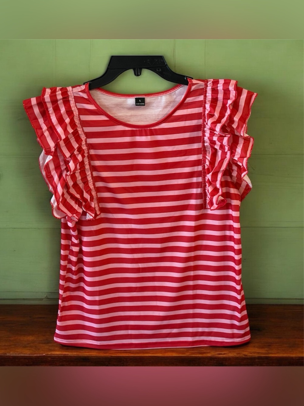 Striped Ruffle Sleeve Top - Red/Pink